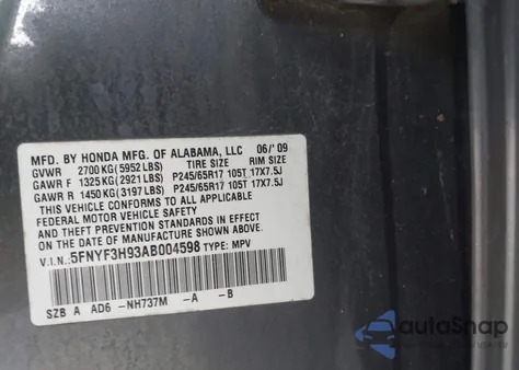 2010 Honda Pilot Touring from USA, damaged, VIN 5FNYF3H93AB004598